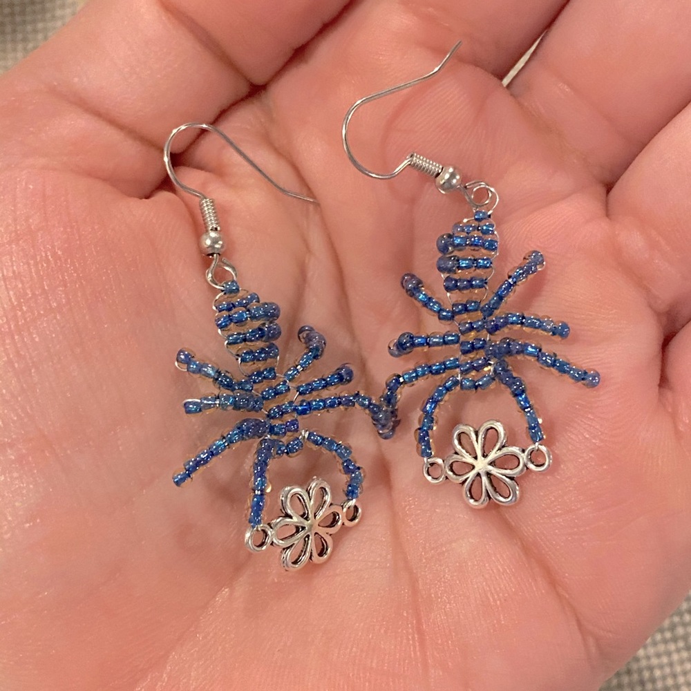 Handmade Beaded Spider Earrings w/Silver Flower